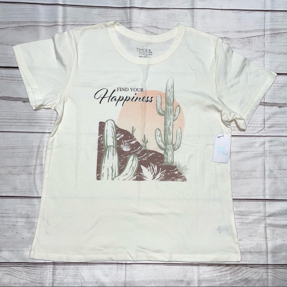 S (4/6) Time and TRU Women T-shirt Find Your Happiness Positive Cream